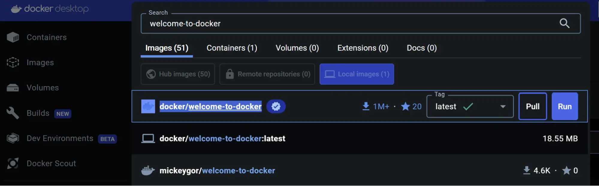 A screenshot of the Docker Dashboard showing the search result for welcome-to-docker Docker image 