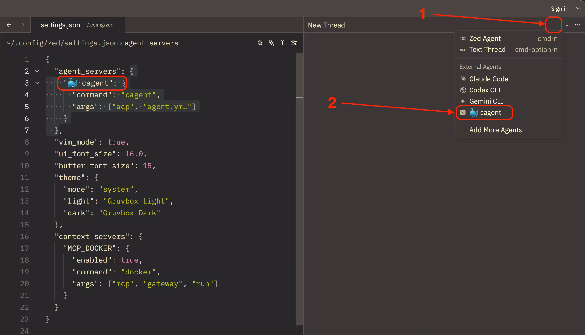 New external thread with cagent in Zed