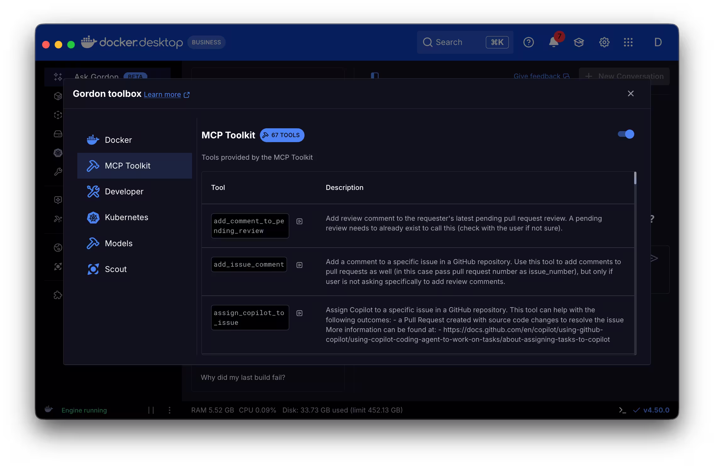 MCP Toolkit in the Ask Gordon UI