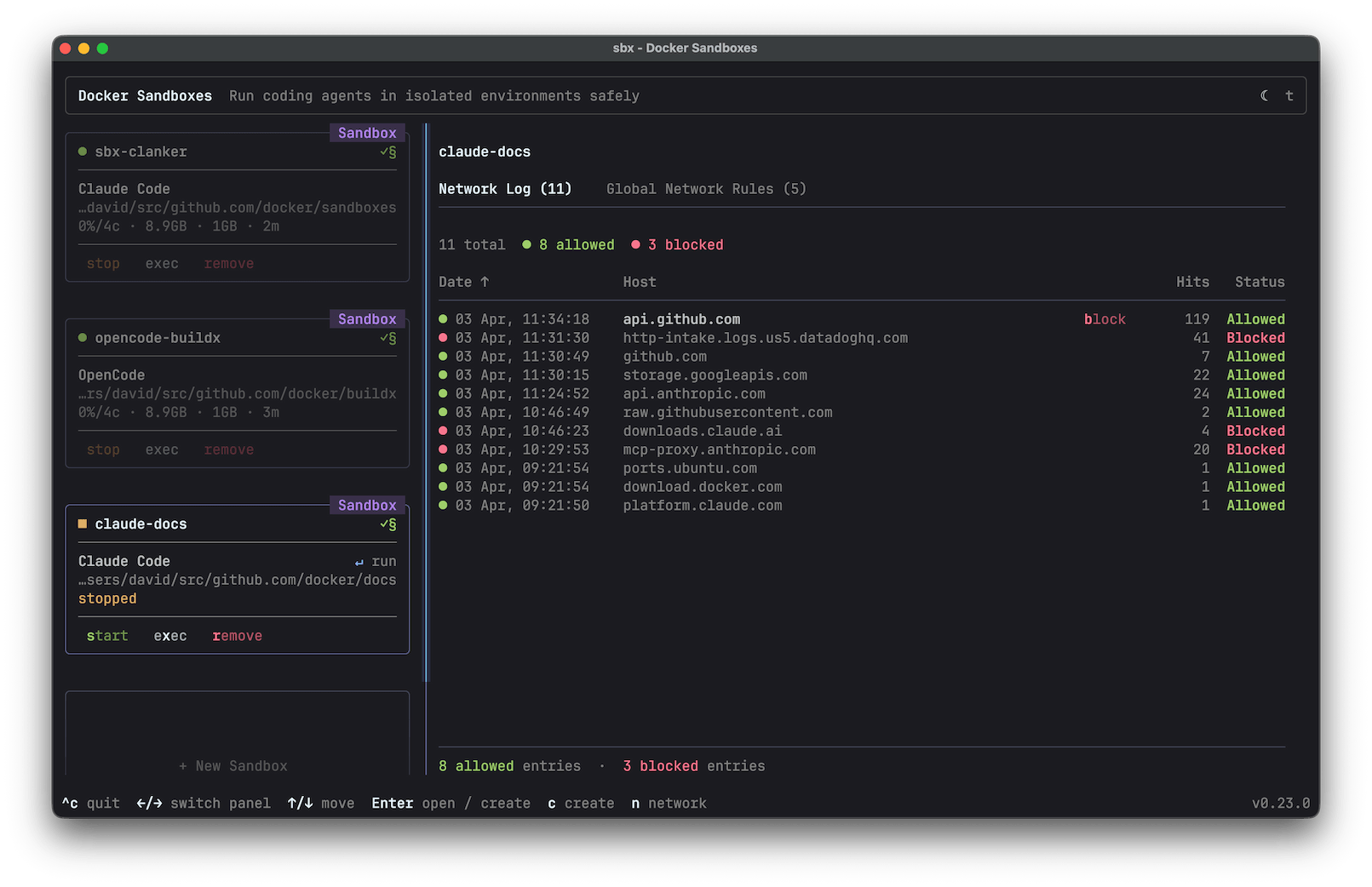 The sbx interactive dashboard showing sandbox status, resource usage, and network governance controls.