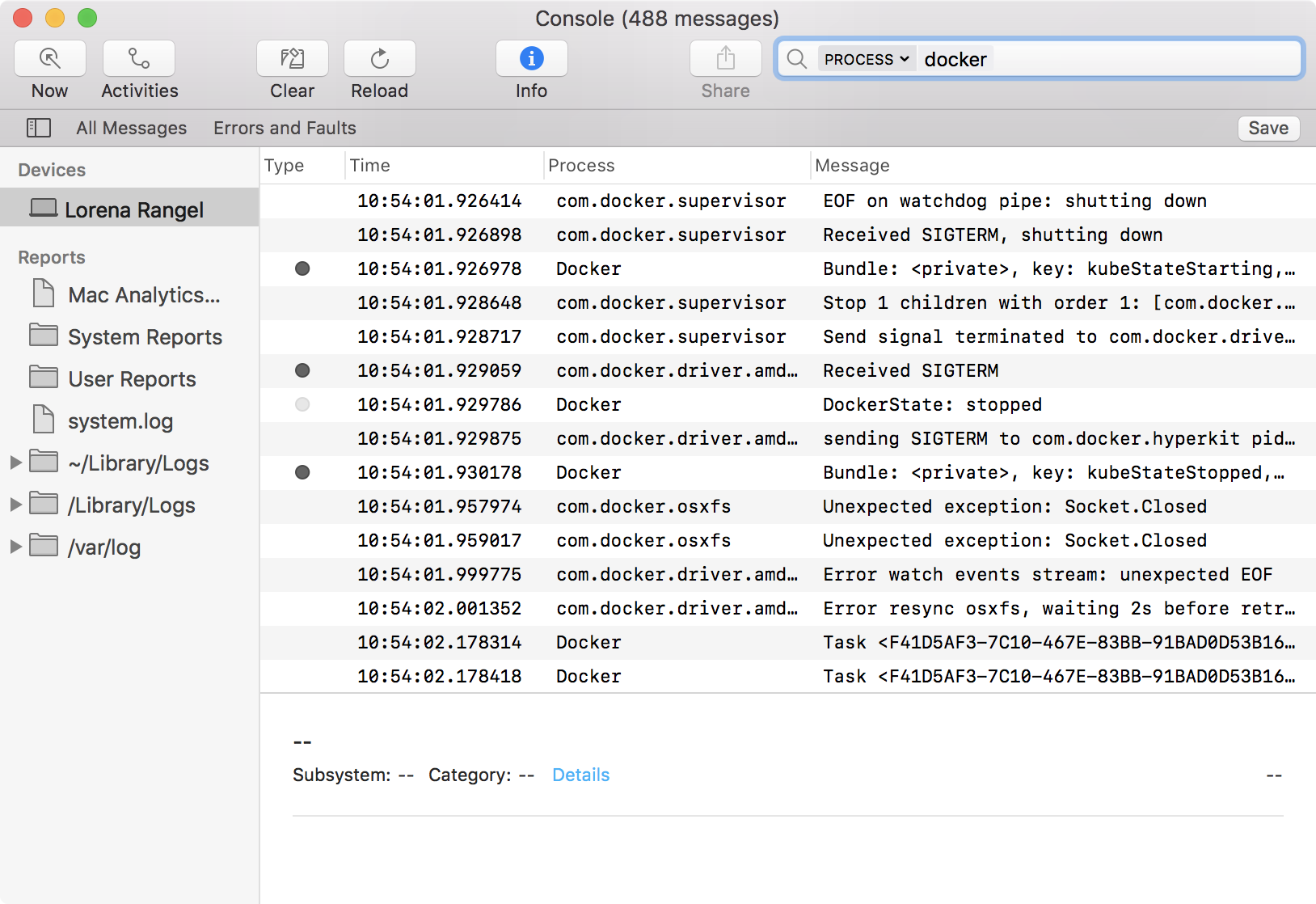 Mac Console search for Docker app