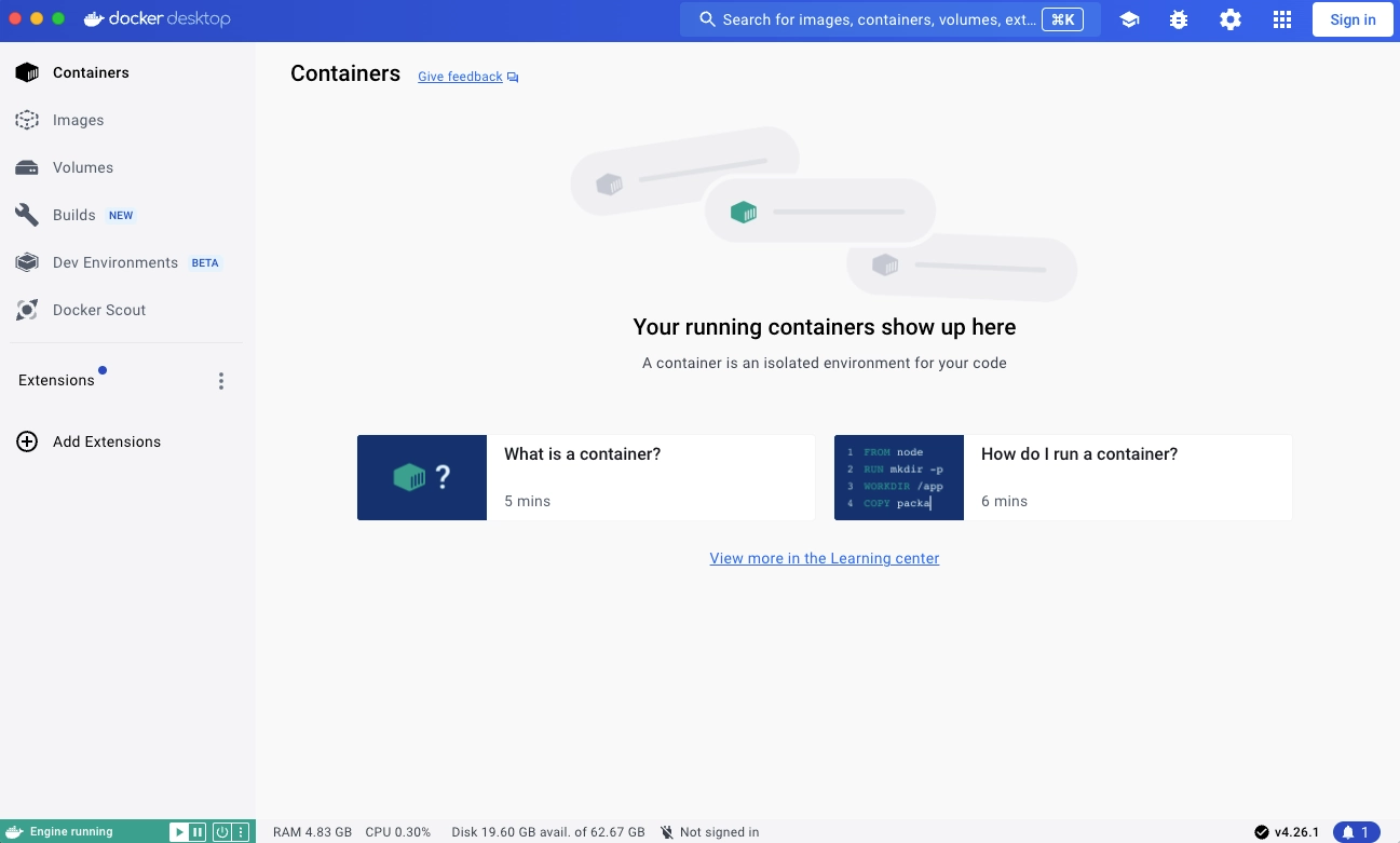 Docker Dashboard on Containers view