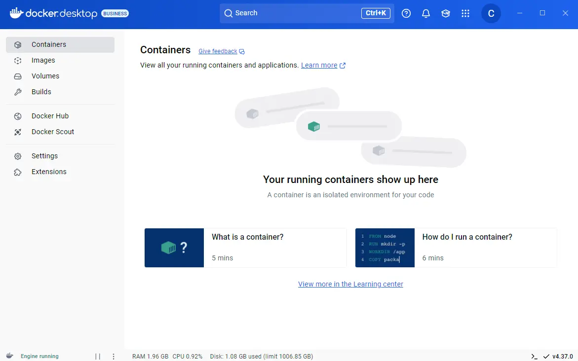 Docker Desktop Dashboard on Containers view