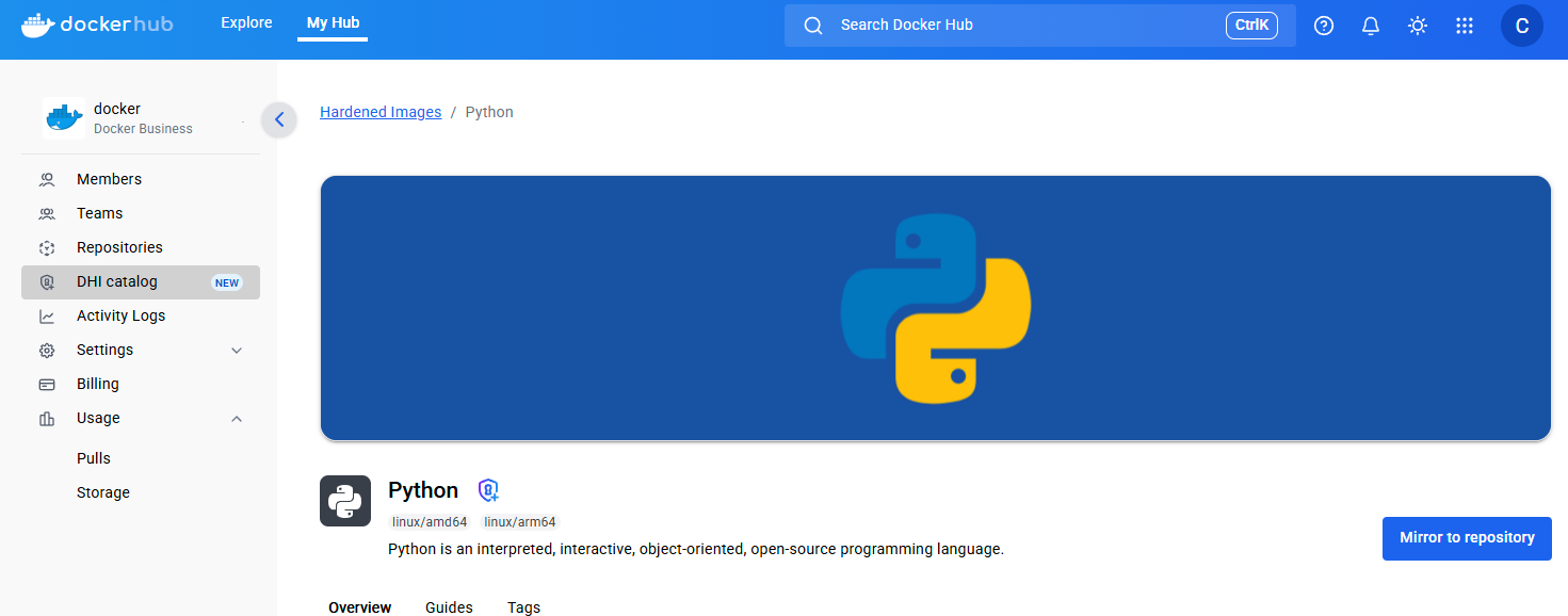 An image of the Python page with the Mirror to repository button showing