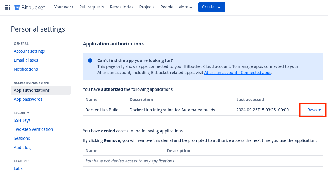 Bitbucket Authorization revocation page