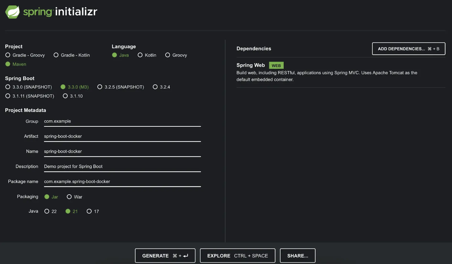 A screenshot of Spring Initializr tool selected with Java 21, Spring Web and Spring Boot 3.3.0