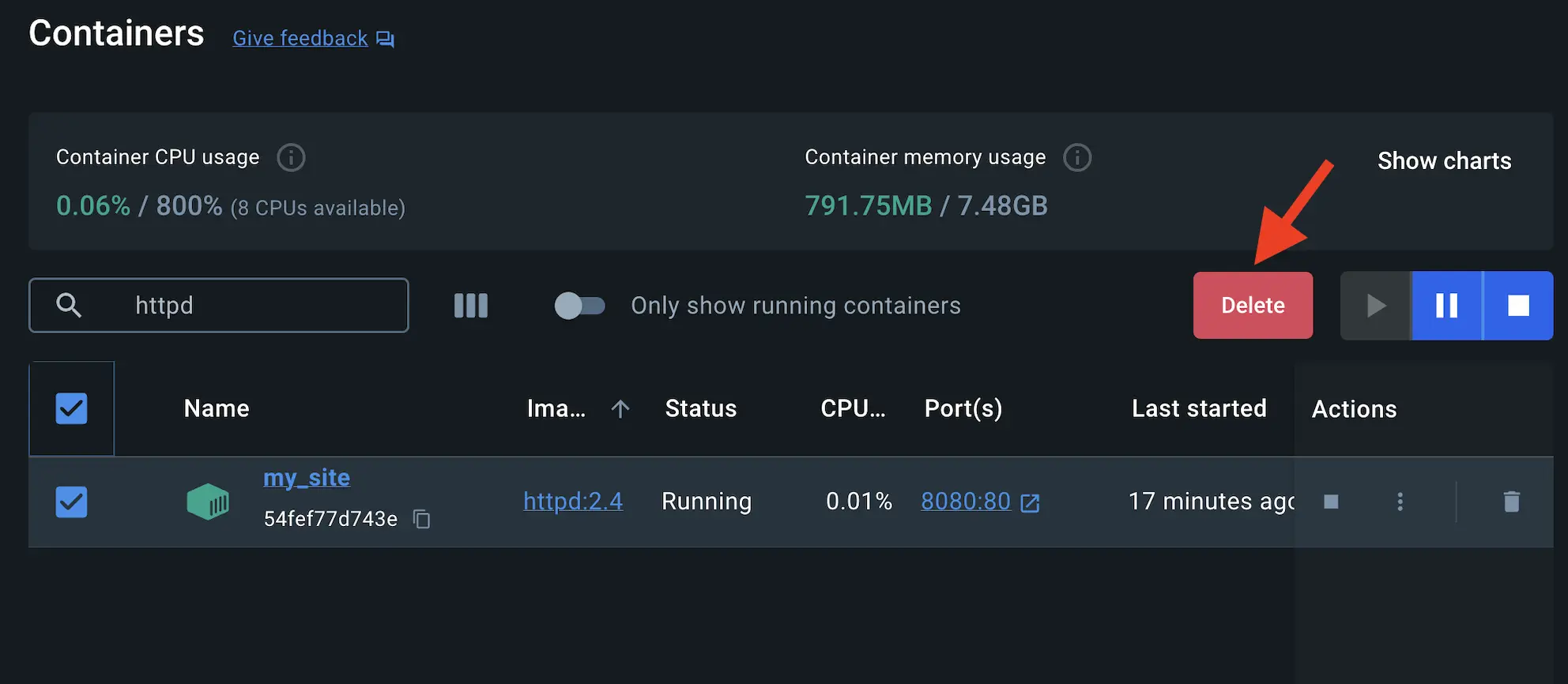 A screenshot of Docker dashboard showing how to delete the httpd container