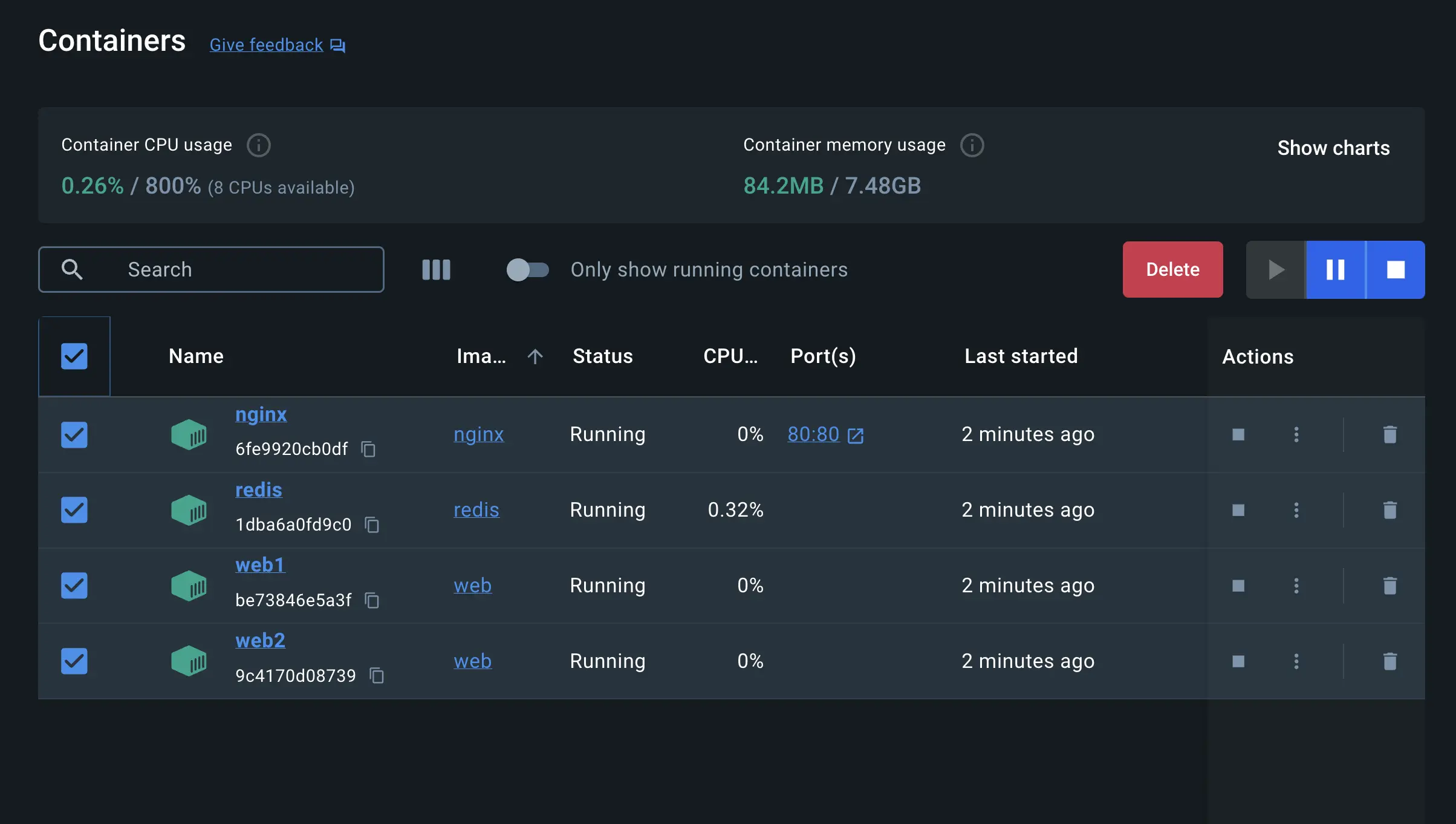 A screenshot of Docker Dashboard showing how to delete the multi-container applications