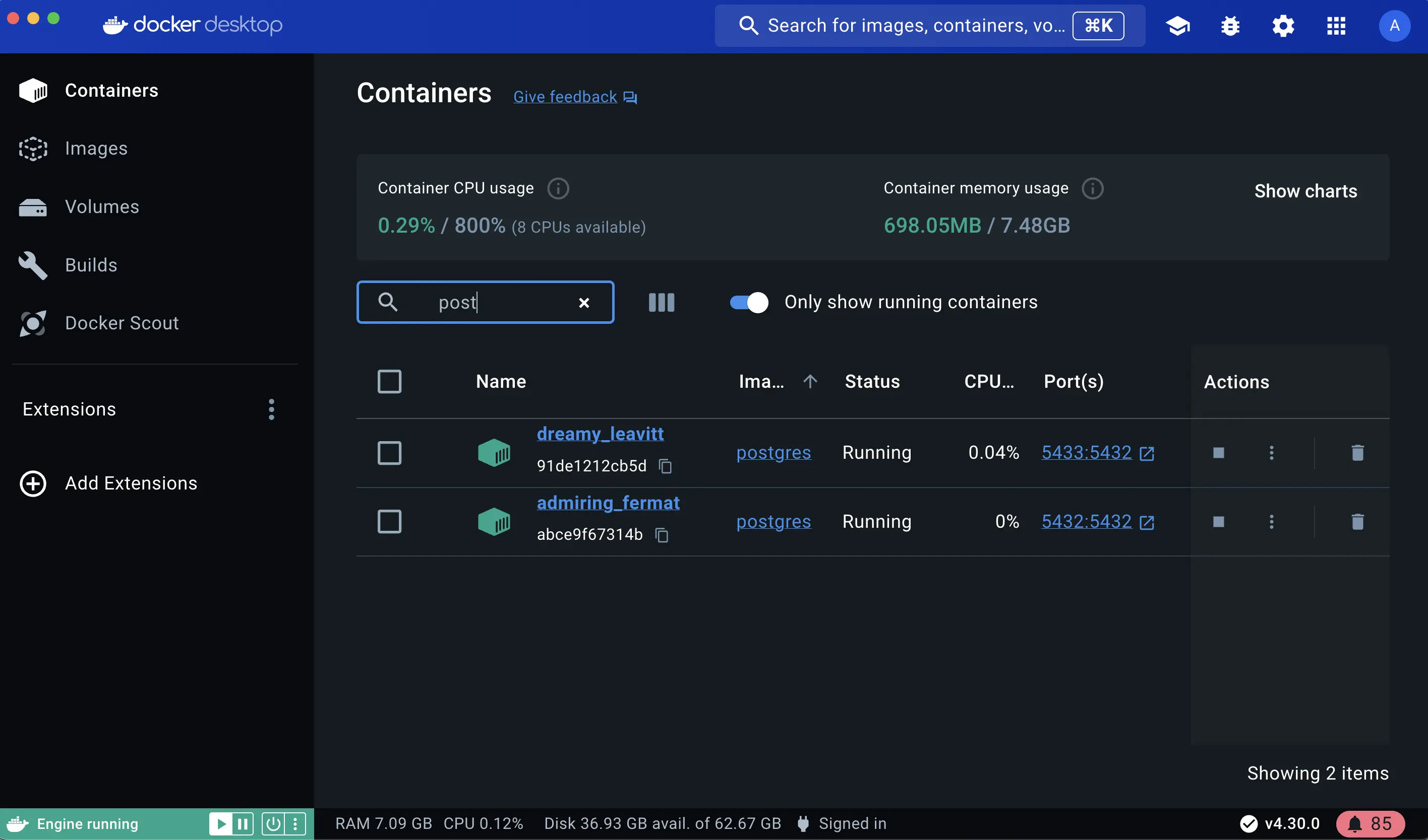 A screenshot of Docker Dashboard showing the running instances of Postgres containers