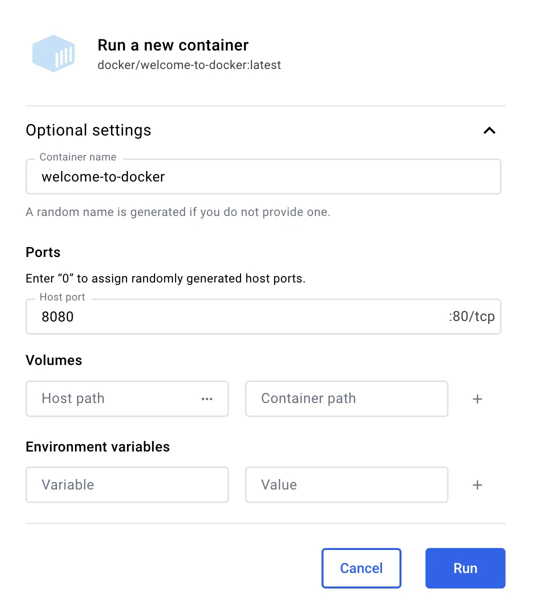 A screenshot of Docker Dashboard showing the container run dialog with welcome-to-docker typed in as the container name and 8080 specified as the port number