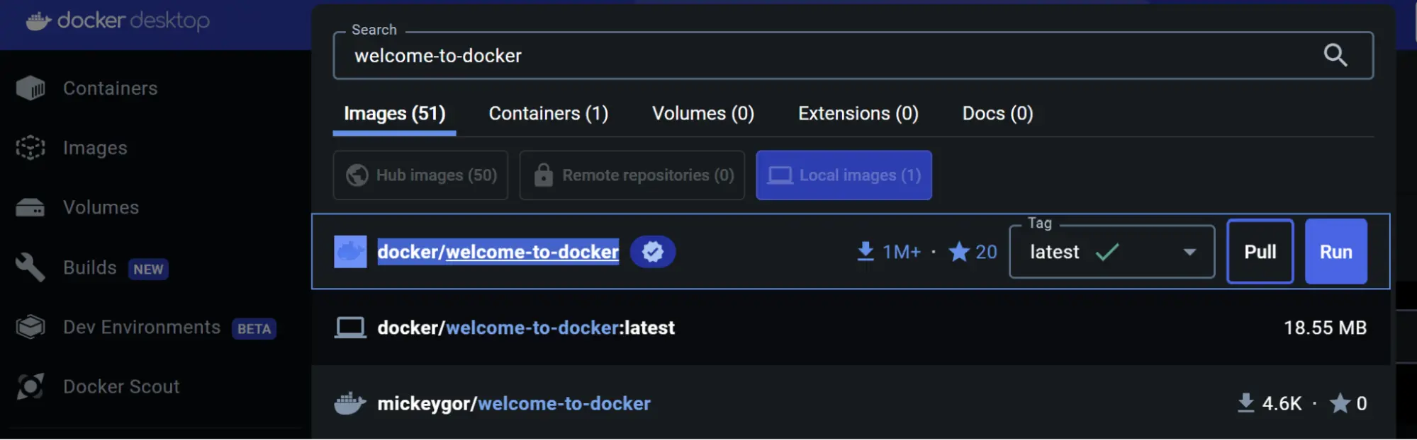 A screenshot of the Docker Desktop Dashboard showing the search result for welcome-to-docker Docker image 