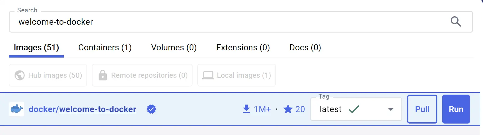 A screenshot of the Docker Desktop Dashboard showing the search results for the docker/welcome-to-docker image