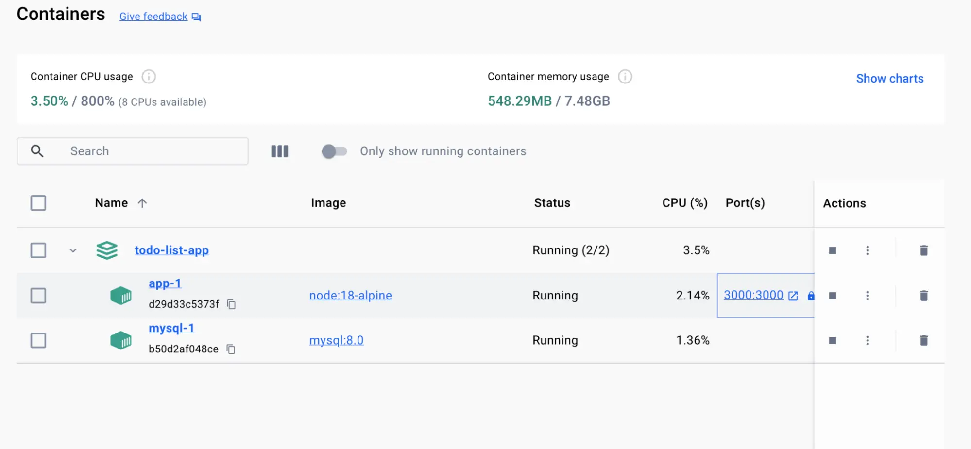 A screenshot of Docker Desktop dashboard showing the list of containers running todo-list app