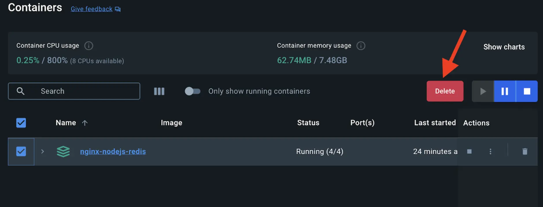 A screenshot of Docker Dashboard that shows how to remove the containers that you deployed using Docker Compose