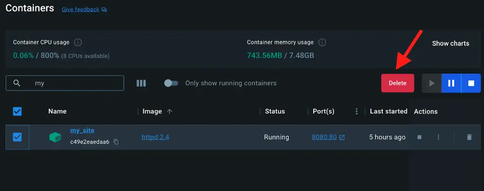 A screenshot of Docker dashboard showing how to delete the container