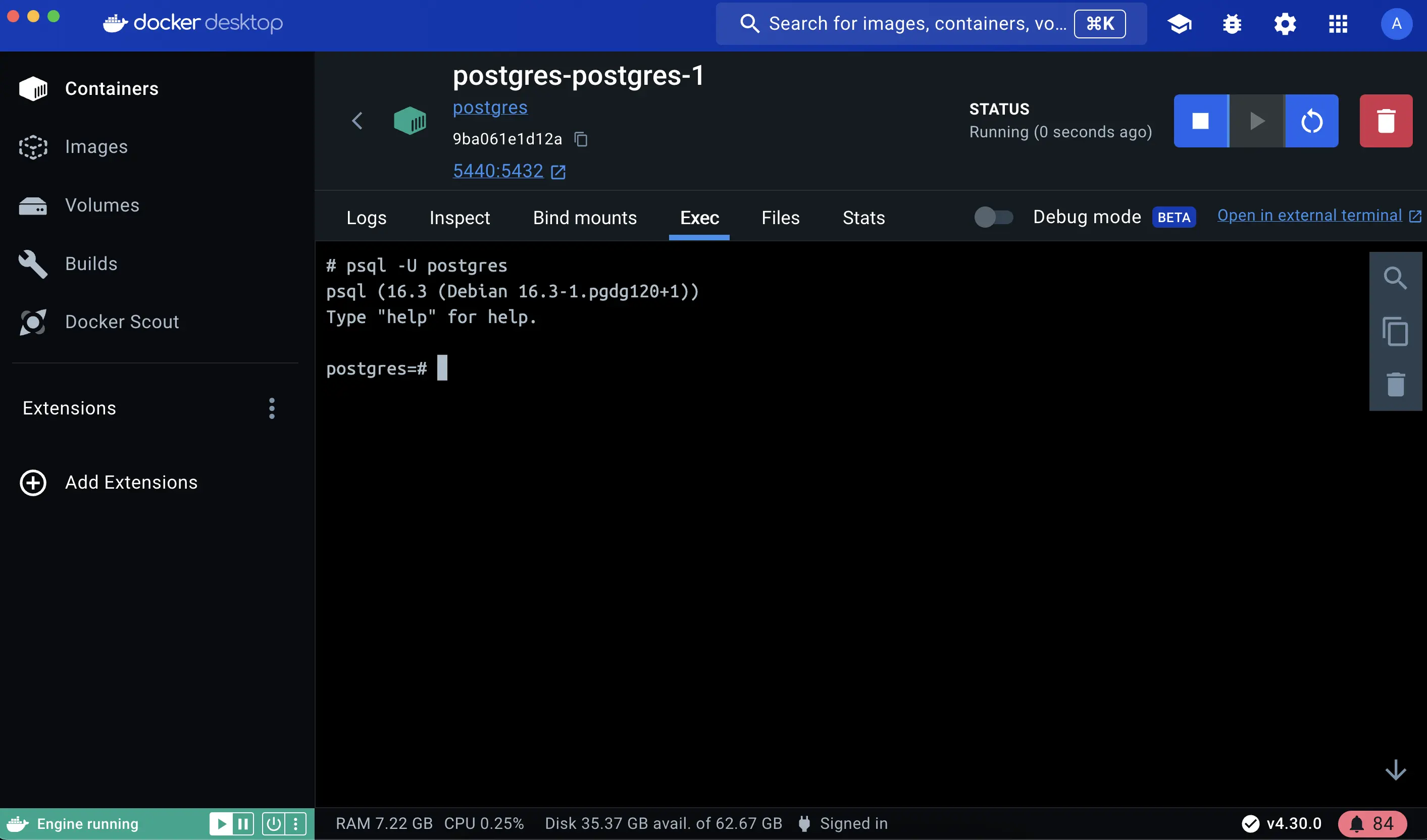 A screenshot of the Docker Dashboard selecting the Postgres container and entering into its shell using EXEC button