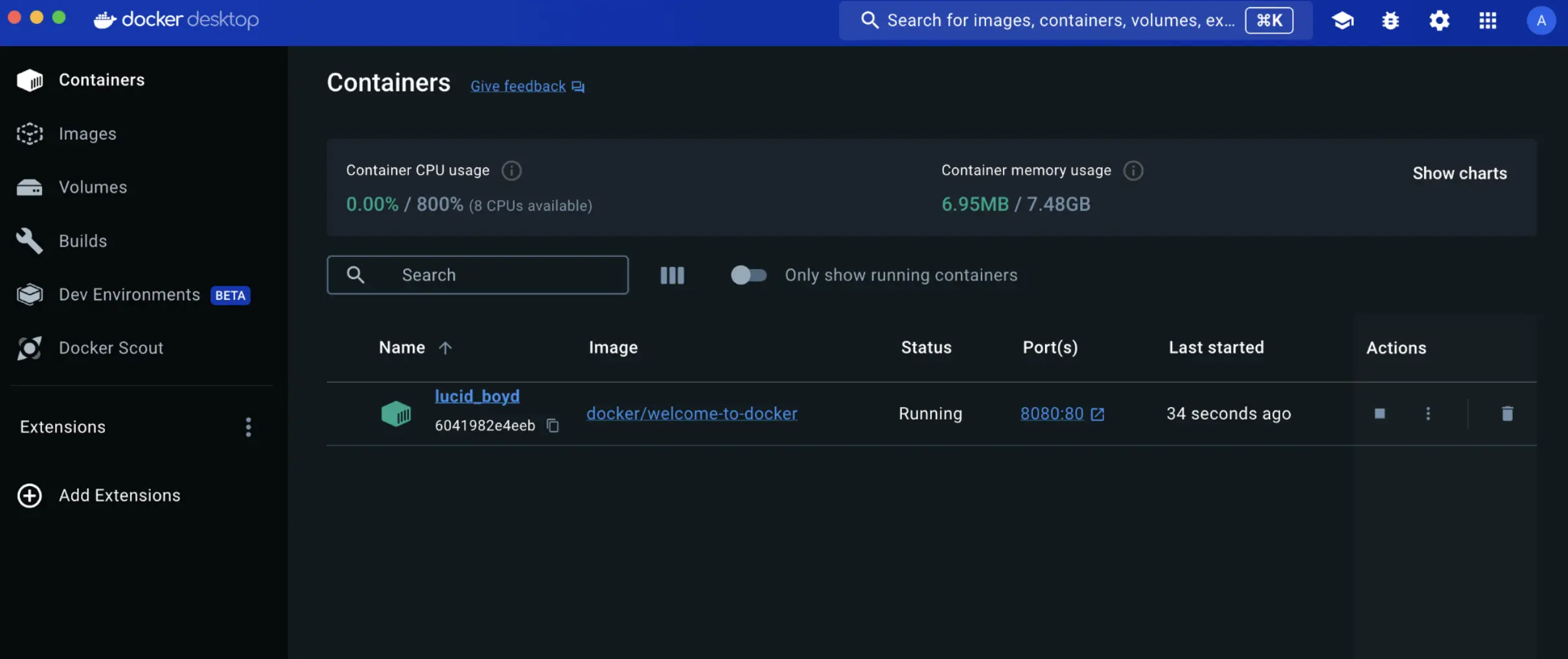 A screenshot of Docker dashboard showing the published port