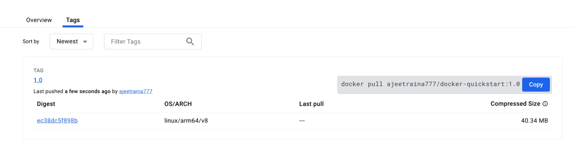 Screenshot of the Docker Hub page that displays the newly added image tag