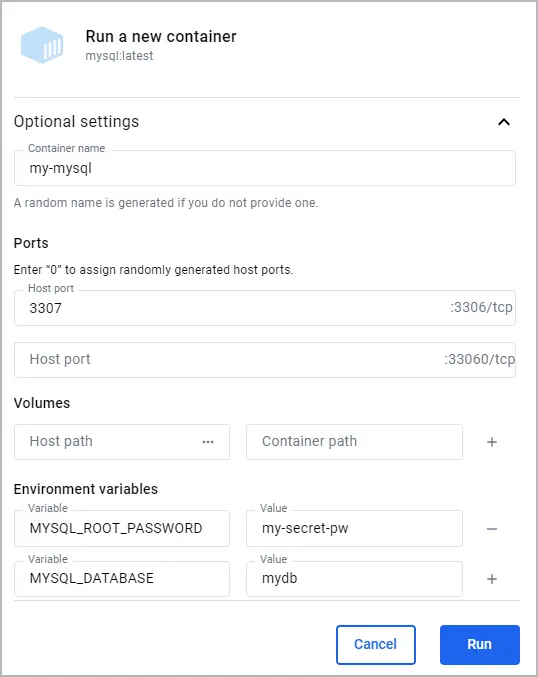 The optional settings screen with the options specified.