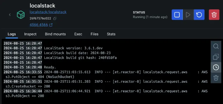 Diagram showing the logs of the LocalStack that highlights image uploaded to the emulated S3 bucket