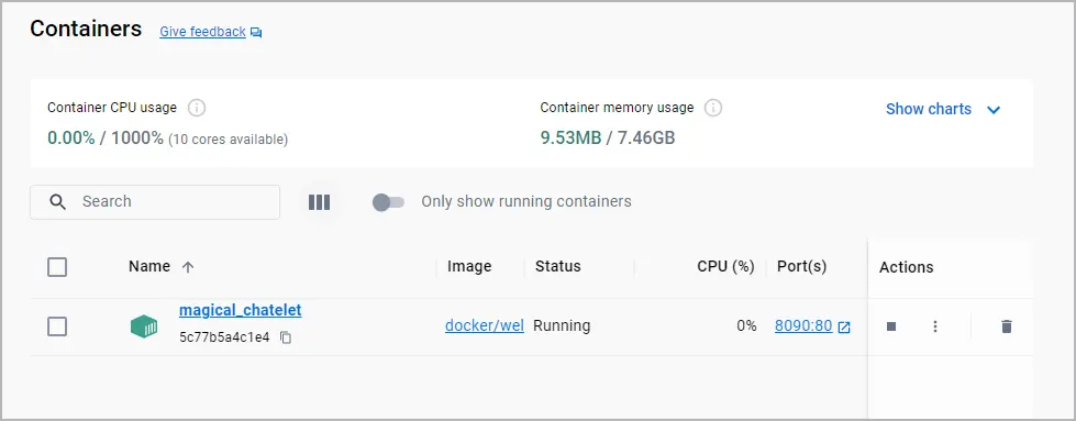Viewing the Containers tab in Docker Desktop