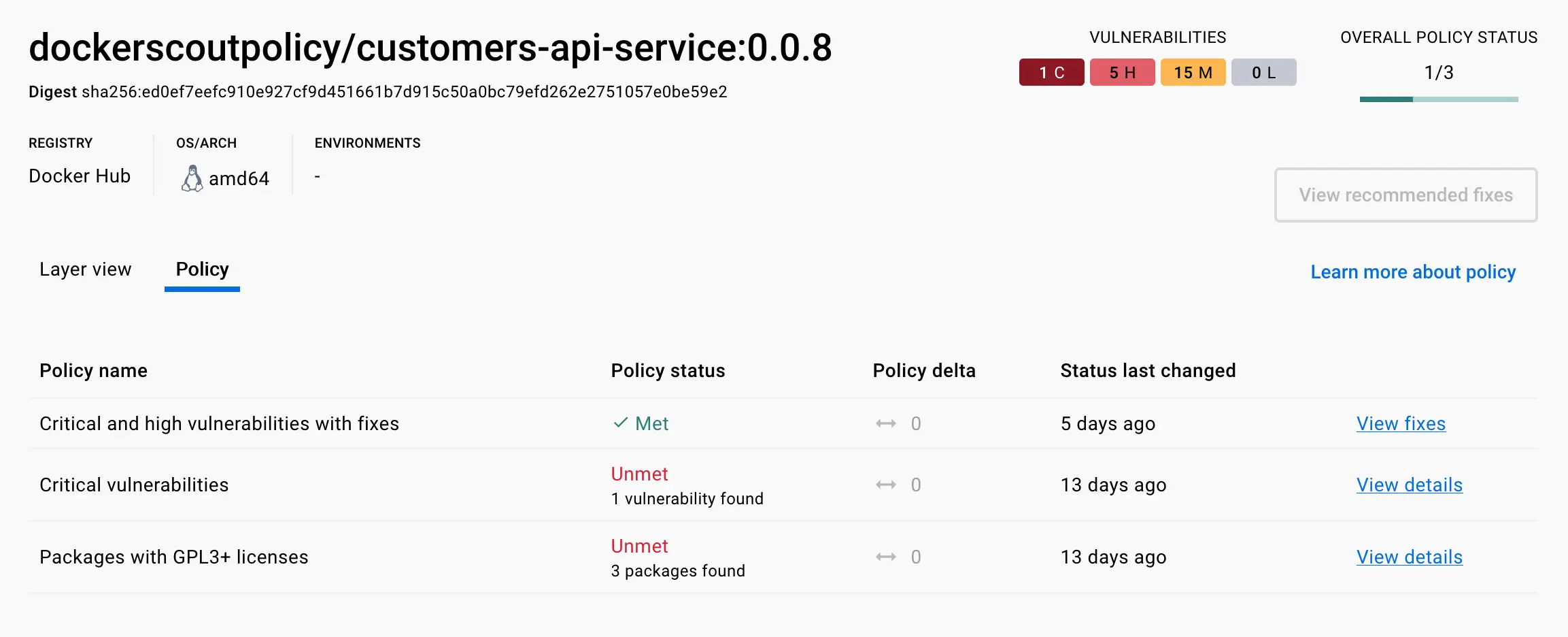 Policy details in the tag view